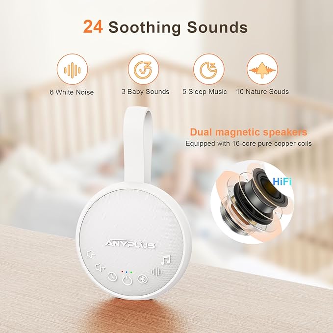 White Noise Sound Machine for Sleeping Adults & Baby, Portable Noise Machine with 24 Soothing Sounds, Bluetooth 5.1, Battery Powered, 3 Timer Settings, Memory Function for Home, Office, Travel (White)