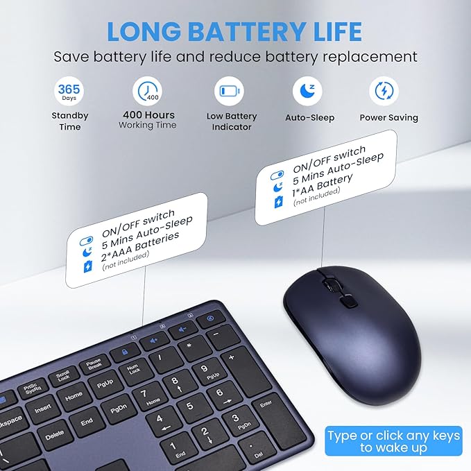 Wireless Keyboard and Mouse Combo,2.4G USB Ultra Slim Quiet Full Size Matte PC Computer Keyboard & Mice,3 DPI,19 Multimedia Key,Lag-Free Ergo,Long Battery Life for Desktop,Laptop,Smart TV,MAC,Windows