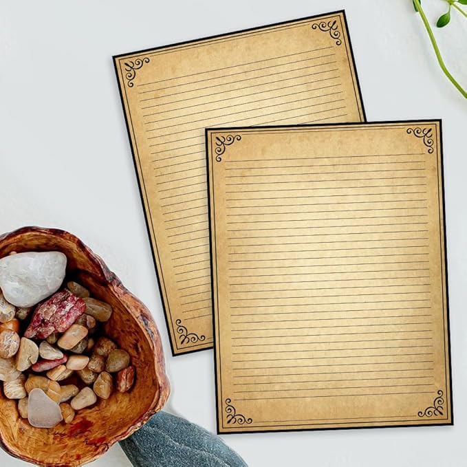Vintage Lined Paper with Antique Border Design, 100 Sheets, Stationary Paper for Writing Letters, 100gsm, 11 x 8.5'', Aged Stationery for Writing Letters, Invitations, Stationery Writing Papers
