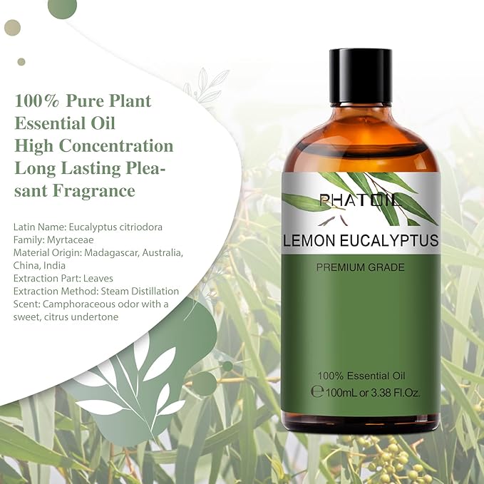 Lemon Eucalyptus 3.38fl.oz Essential Oil, PHATOIL Pure Aromatherapy Oils for Diffuser, Humidifier, Perfect for DIY Soap, Candle, Bath Bombs Making(100ml)