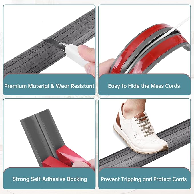 Floor Cord Cover Self Adhesive Cord Hider Floor Extension Cord Covers for Floor Power Cord Protector Cable Management Prevent Cable Trips Cable Cavity 0.47" W x 0.27" H (Deep Grey Wood, 3.3Ft)