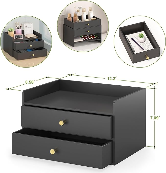 Bamboo Desk Organizer with Drawers Wooden Desktop Storage Drawers for Bills Office Supplies Kitchen Utensils Organizing Tool for Home Classroom Organization No Assembly (2 Drawers, Black)