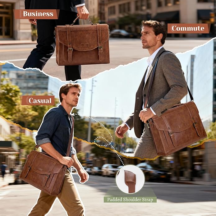RAINSMORE Flap Messenger Bag for Men Vintage PU Leather Laptop Bag 15.6 Inch Retro Briefcase with Wallet Satchel Computer Bag