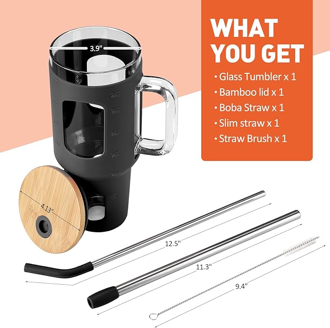 Glass Tumbler with Straw and Lid, 40 oz glass cup with handle, Glass Water Bottles with Time Marker, Silicone Protective Sleeve-Black