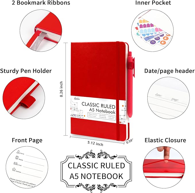 feela 3 Pack Notebooks Journals Bulk with 3 Black Pens, A5 Hardcover Notebook Classic Ruled Lined Journal Set with Pen Holder for Work Business Journaling Note Taking, 120 GSM, 5.1”x8.3”, Red