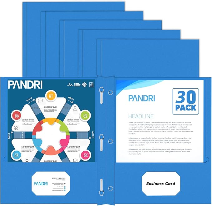 PANDRI Two Pocket Folders, 30 Pack with Prongs, Letter Size, Lightblue
