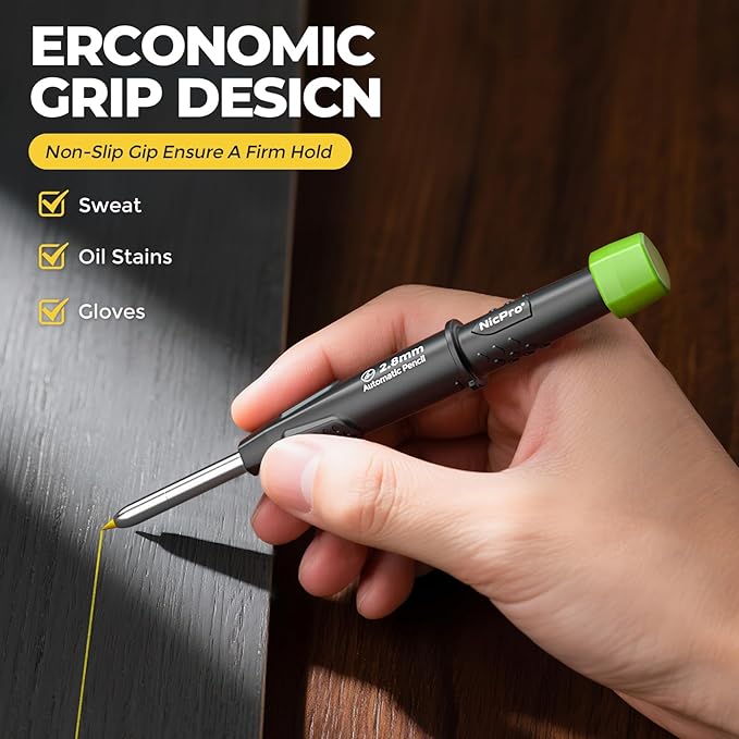 Nicpro Carpenter Pencil with Sharpener, CP3000 Carpenter Mechanical Pencils with 19 Refill, Deep Hole Marker for Construction, Heavy Duty Construction Pencil, Woodworking Tool for Architect Marking