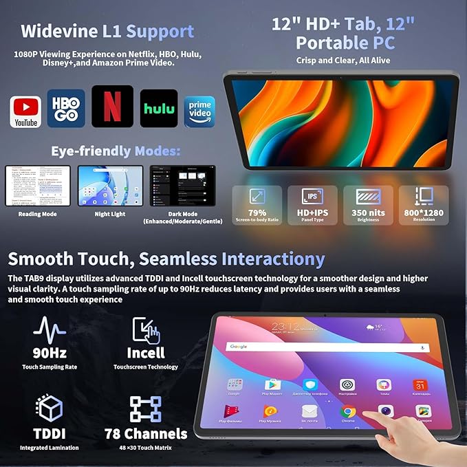 2025 12 Inch Tablet, Android 15 Tablets with Keyboard, 24GB+256GB+2TB Expand, 2K Display, Tablet PC with 5G WiFi, Octa-Core, 8000mAh, BT5.0, GMS, GPS, 2 in 1 Tablets with Case, Mouse, Stylus(Black)