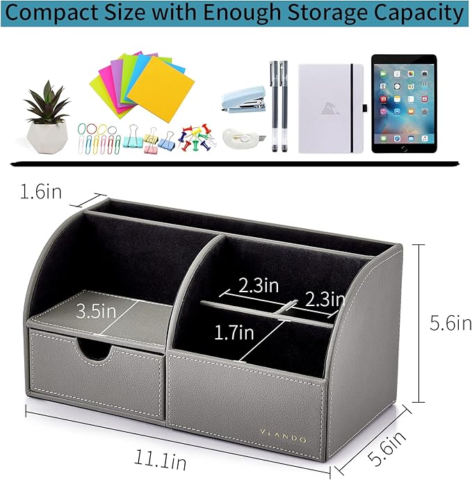 Vlando Office Desk Organizer Leather Desktop Organizer Caddy with Drawer for Storing Desktop Supplies and Accessories (Grey)