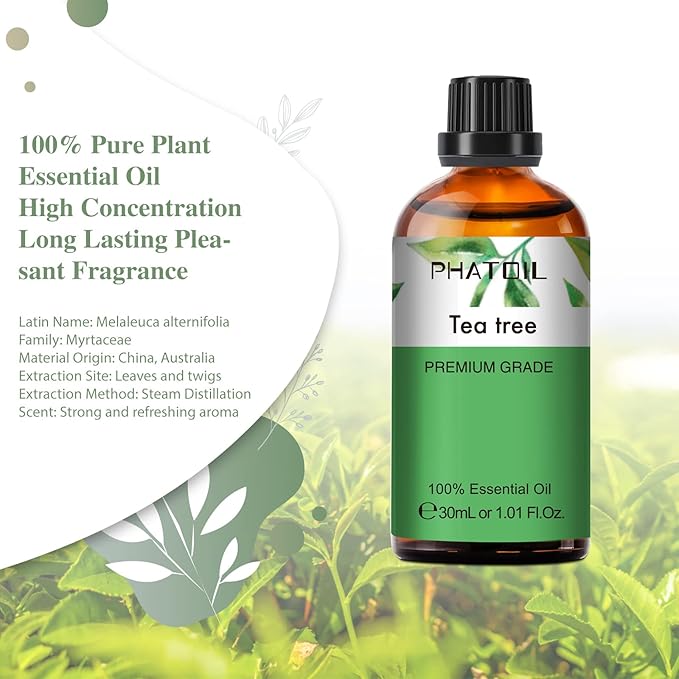 PHATOIL 1.01FL.Oz Tea Tree Essential Oil, for Aromatherapy Diffusers, Humidifiers, Great for DIY Candle and Soap Making, Gift for Friend(30ML)