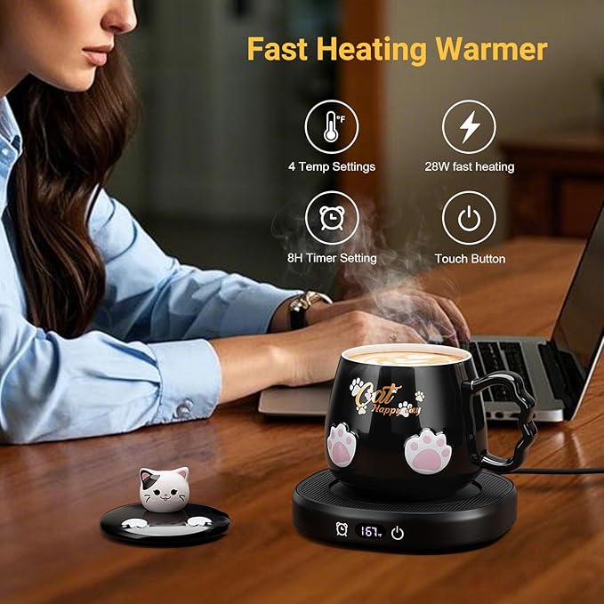Coffee Mug Warmer & Cute Cat Mug Set, Beverage Cup Warmer for Desk Home Office with 4 Temperature Setting Up to 167℉/ 75℃, Coffee Warmer for Cocoa Milk Tea Water Candle, 8 Hours Auto Shut Off (Black)