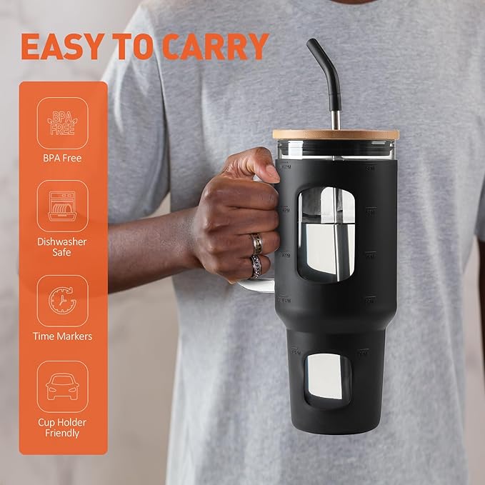 Glass Tumbler with Straw and Lid, 40 oz glass cup with handle, Glass Water Bottles with Time Marker, Silicone Protective Sleeve-Black