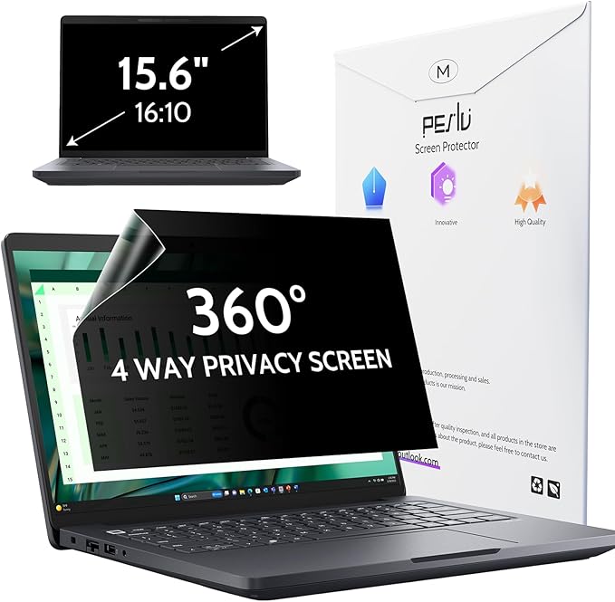 Peslv 360° 4 Way Laptop Privacy Screen for 16 Inch 16:10 Aspect Ratio Computer Monitor, Anti Glare Blue Light Spy Filter Private Cover, Bubble-Free Black Security Protector