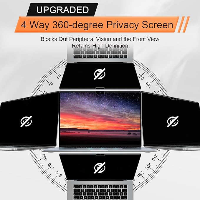 Magnetic 360° Privacy Screen for Macbook Pro 13 Inch (2016-2022, M1, M2) & Air 13 inch (2018-2021, M1), Removable Anti Glare Blue Light Filter, 4 Way Anti Spy Black Protector for Mac 13In Laptop