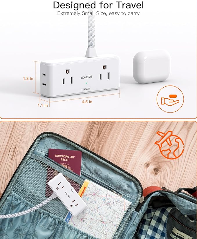 Flat Extension Cord 3 feet, Flat Plug Power Strip, 4 Widely Outlets with 3 USB Ports (2 USB C), 3 Side Outlet Extender with Extension Cord with Multiple Outlets for Home, Office, Dorm Room Essentials