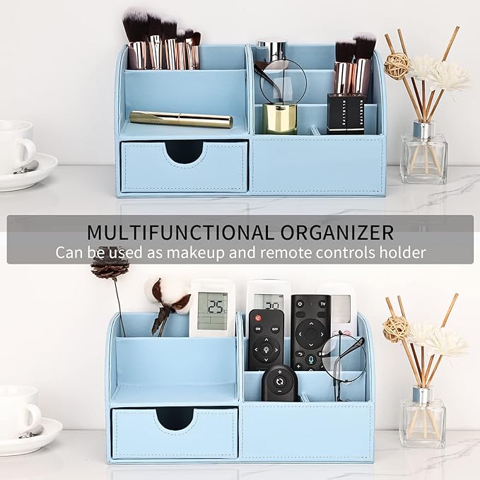 KINGFOM Pu Leather Desk Organizer Pen Pencil Holder Office Supplies Caddy Storage Box 6 Compartments with Drawer Blue
