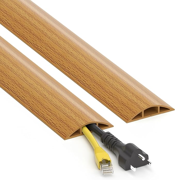 Floor Cord Cover 6ft, Yellow Oak Wood Wire Hider Floor Hide Extension Cords, PVC Cable Management Cover, Cable Protector, Cord Cavity W0.6in x H0.32in