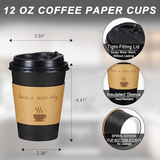 Lamosi 12 oz Disposable Coffee Cups with Lids 50 Pack, Hot Paper To Go Cups with Lids, Stir Sticks and Sleeves, for Home, Travel, Office