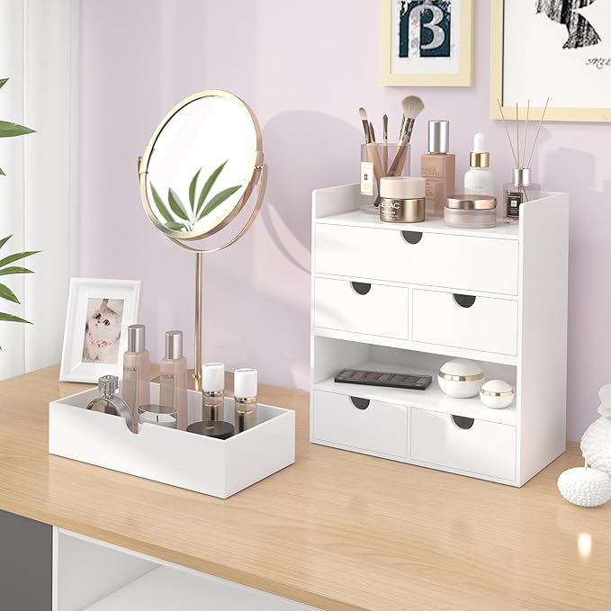 Bamboo Desk Organizer with Drawers Desktop Storage Drawers for Bills Office Supplies Kitchen Utensils Organizing Tool for Home Classroom Organization No Assembly (White)