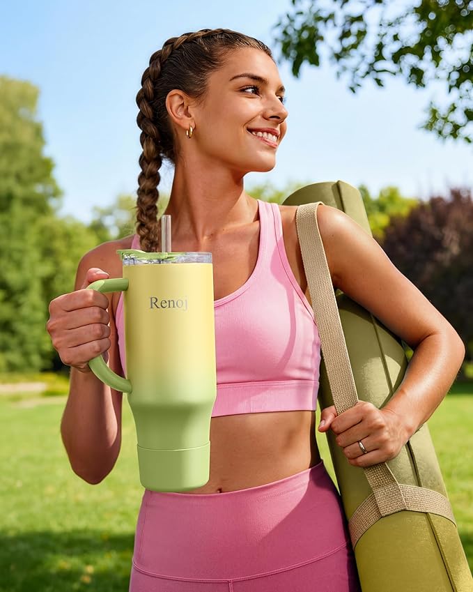 Renoj Tumbler with Handle 100% Leak Proof Insulated Water Bottle for Iced Coffee & Hot Drinks - Fits Car Cup Holder, Ideal Gift, 2 Straws & Silicone Boot BPA-Free - SnapShift Green Gradient 40 oz