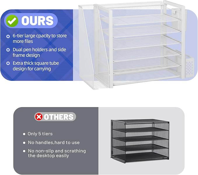 Simple Trending 6 Tier Desk File Organizer, Paper Letter Tray Organizer with File Holder and Pen Container, White