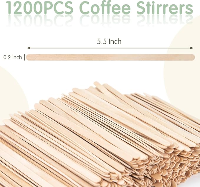 WISYOK 1200 PCS Coffee Stirrers, 5.5 Inch Premium Birch Wooden Sticks, Splinter-Free Smooth Round Ends, Disposable Stir Sticks for Coffee, Cocktails, Office, Home, Coffee Bars