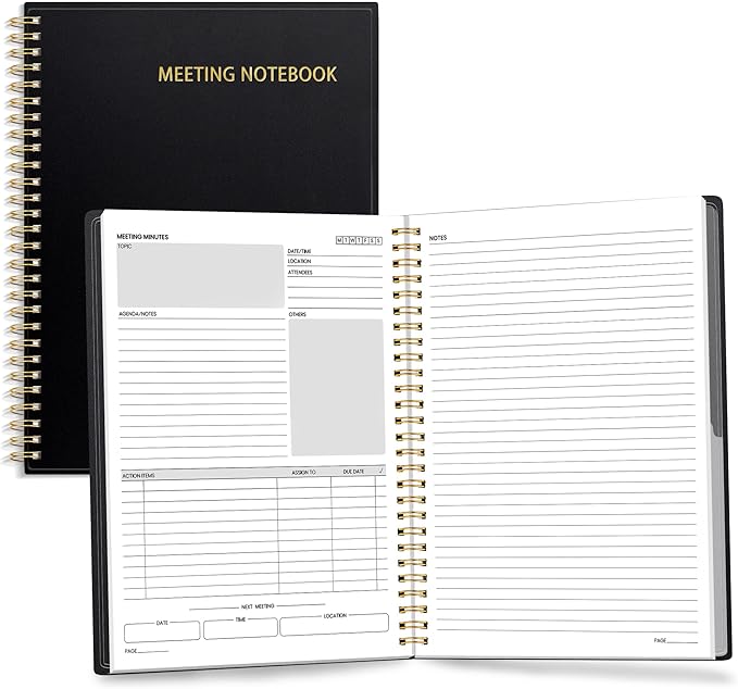 SUNEE Half Meeting Half Note - 7.5"x10" Professional Notebooks for Work - 160 Pages, B5 Size Project Planner, Spiral Meeting Agenda/Minutes Organizer for Women Men, Note Taking, Office & Business
