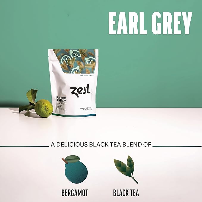 Zest 150mg High Caffeine Energy Loose Leaf Blend - Earl Grey Black Tea - 4 Oz - Hot or Iced - All Natural Strong Flavored Healthy Coffee Alternative Highly Caffeinated Substitute - Perfect for Keto