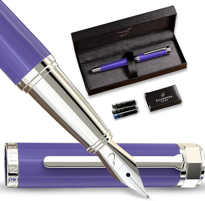 Ellington Pens Luxury Fountain Pen Set - Smooth Medium Nib - Includes 3 Ink Cartridges, Refillable Ink Converter, Gift Box - Fountain Pens For Writing, Calligraphy, Journaling, Sketching (Purple Haze)