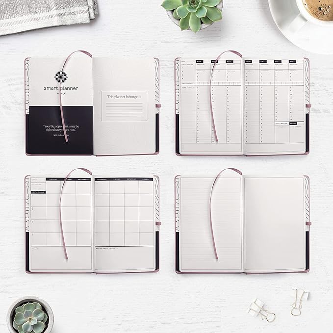 Smart Planner Pro – Undated Daily Planner – Small A5 – Achieve Goals & Increase Productivity – Weekly, Monthly, Work Sections, Organizer Diary with Back Pocket, 3 Satin Bookmarks & Pen Holder