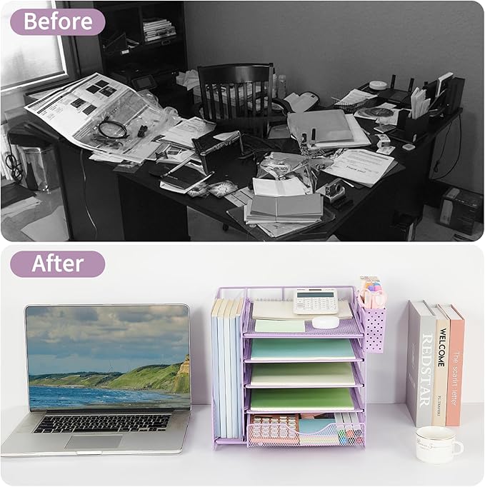 OUTIOE Desk Organizer with Drawer and Pen Holder, 5-Tier Paper Letter Tray Organizer with File Holder, Suitable for Workspace Organizer Office Supplies Storage (Purple)