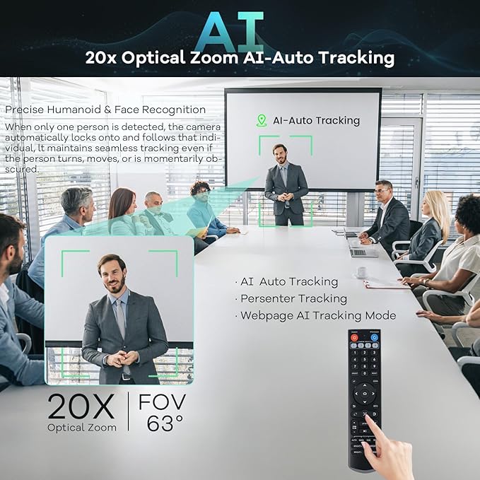 TONGVEO 4K PTZ Conference Room Camera System AI Auto-Tracking 20x Zoom 4K PTZ Camera USB3.0 HDMI LAN outputs and Bluetooth Speakerphone with Microphone for Large Remote Meeting