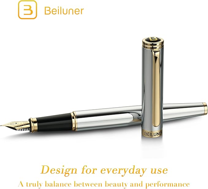 BEILUNER Silver Chrome Fountain Pen,Stunning Luxury with 24K Gold Accents, Gorgeous 24K Gilded Nib(Fine), Trustworthy Pen Gift for Men&Women -Ink Converter-Elegant, Graduation,Nice Pen for Writing