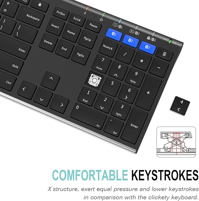 Arteck HB192 Universal Bluetooth Keyboard Multi-Device Stainless Steel Full Size Wireless Keyboard for Windows iOS Android Computer Desktop Laptop Surface Tablet Smartphone Rechargeable Battery