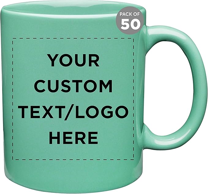 Custom Ceramic Coffee Mugs 11 oz. Set of 50, Personalized Bulk Pack - Coffee cup set, Iced coffee cup, Gaming mug - Teal