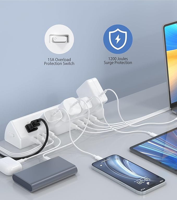 45W Fast Charging Station,Desk Clamp Power Strip,4 PD USB-C Ports,5 AC Outlets,Surge Protector Power Strip, 14AWG Heavy Duty Cord, Fits 1.9" Tabletop Edge (White, 20 FT Cable)