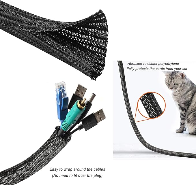 3/8"-25ft Cord Protector Wire Loom Tubing Split Sleeve Cable Sleeve for USB Power Audio Video Cables - Pet Chewing Protection, Flexible Cable Management Cover - Black