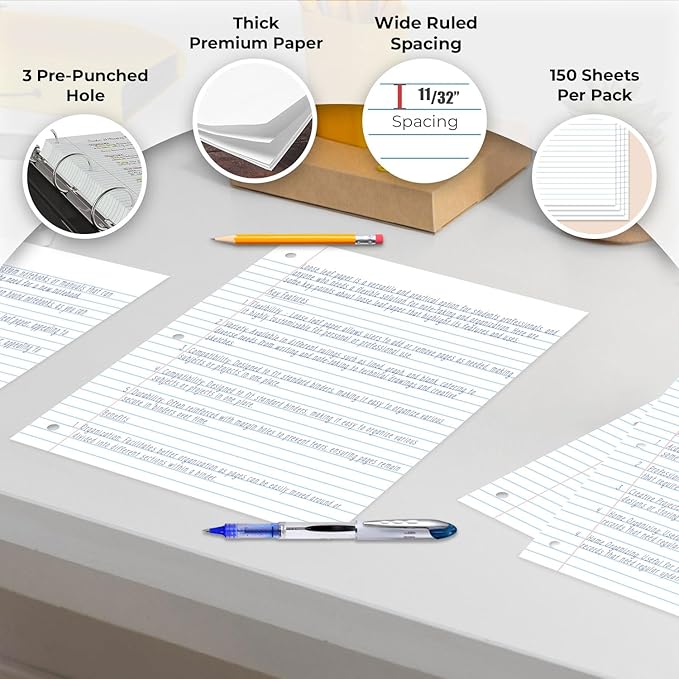 Rosmonde 576 Pack (Pallet) Loose Leaf Paper Bulk, 86400 Sheets, Wide Ruled, Pallet of Filler Paper, 150 Sheets/Pack, 8 x 10.5", 56 Gsm Thick Sheets, 3 Hole Punched, School & Office, 4-7 Days Transit