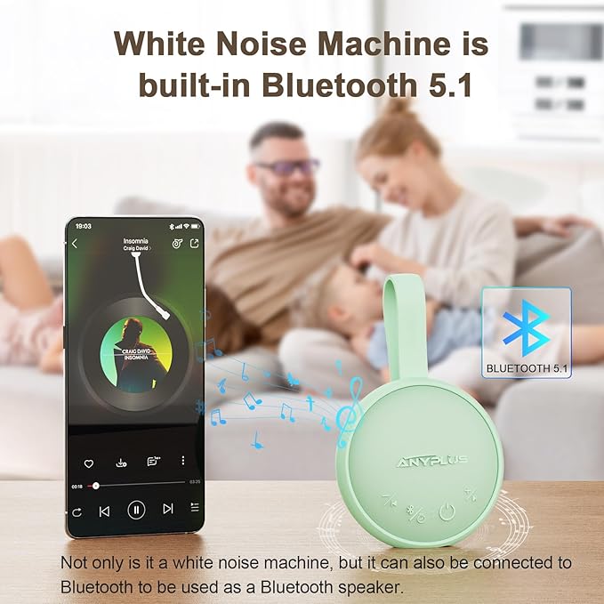 White Noise Sound Machine, Portable Sound Machine for Sleeping Adults & Baby, with Bluetooth 5.1/24 Soothing Sounds/Battery Powered/3 Timer Memory Function for Office/Bedroom/Travel（Green）
