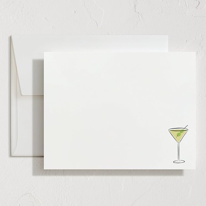 Minted Martini Stationery Set, Set of 10, Flat Note Cards & Envelopes for Invitiations and Handwritten Thank You Messages, Martini Design & Green Checkerboard Back, Gifts for Women, Luxurious Paper