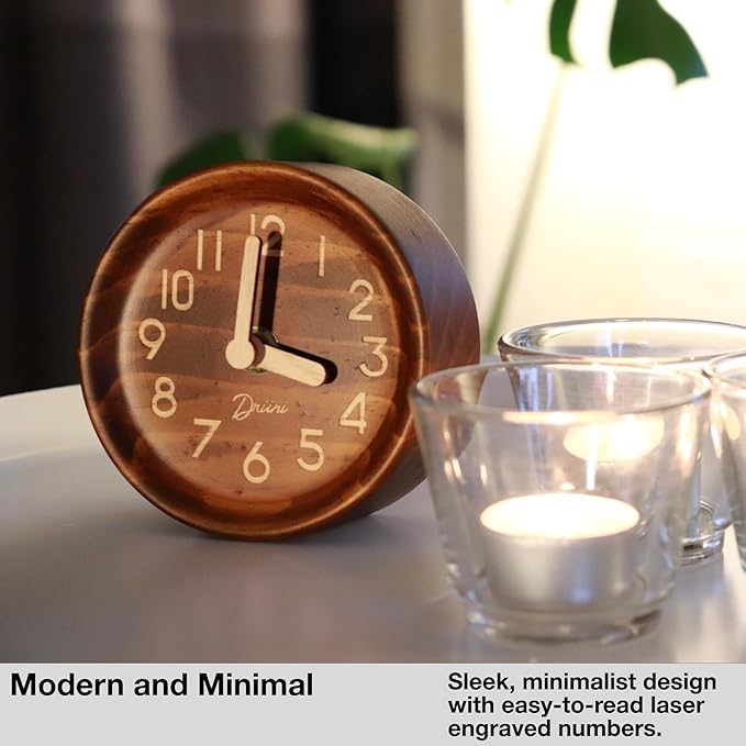 Driini Wooden Analog Desktop Clock – 4.3 in. Decorative Pinewood, No-Tick Design – Easy to Read Silent Sweep Mantle Clock – Quiet Tabletop Clocks with Wood Body, Hands, & Battery Cover; Dark