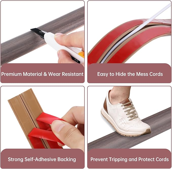 Floor Cord Cover Self Adhesive Cord Hider Floor Extension Cord Covers for Floor Power Cord Protector Cable Management Prevent Cable Trips Cable Cavity 0.47" W x 0.27" H (Brown Walnut Wood, 20Ft)