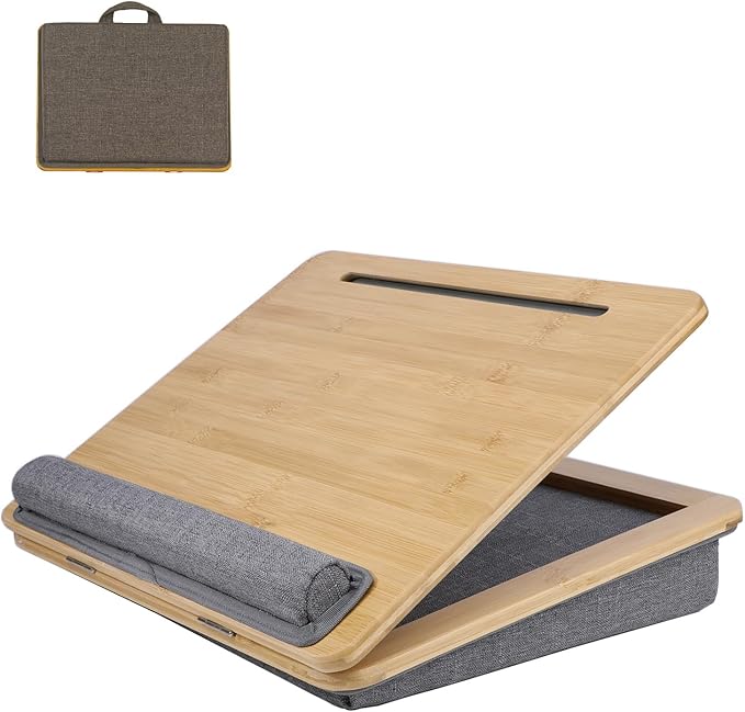 SUMISKY Adjustable Lap Desk-Portable Laptop Stand with Cushion, Bamboo Platform with Phone Holder, Wrist Pad Fits up to 15.6 Inch Laptops