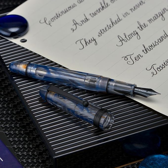 Asvine V126 Vacuum Filling Fountain Pen Blue Swirl Acrylic, Medium Nib Large-Capacity with Gift Case