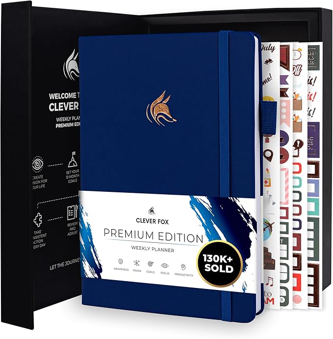 Clever Fox Planner Premium Edition – Undated Luxurious Weekly & Monthly Planner to Increase Productivity and Hit Your Goals – Organizer – Start Anytime, A5, Lasts 1 Year, Navy Blue (Weekly)