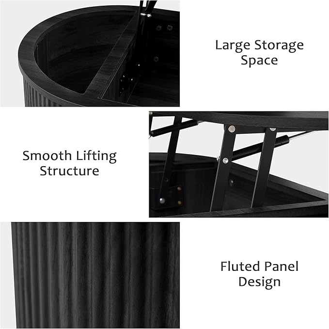 QHITTY Fluted Coffee Table with Lifting Top, Oval Wood Lift Top Coffee Table with Hidden Compartment, Mid Century Pull up Center Tables for Living Room, Office - Black