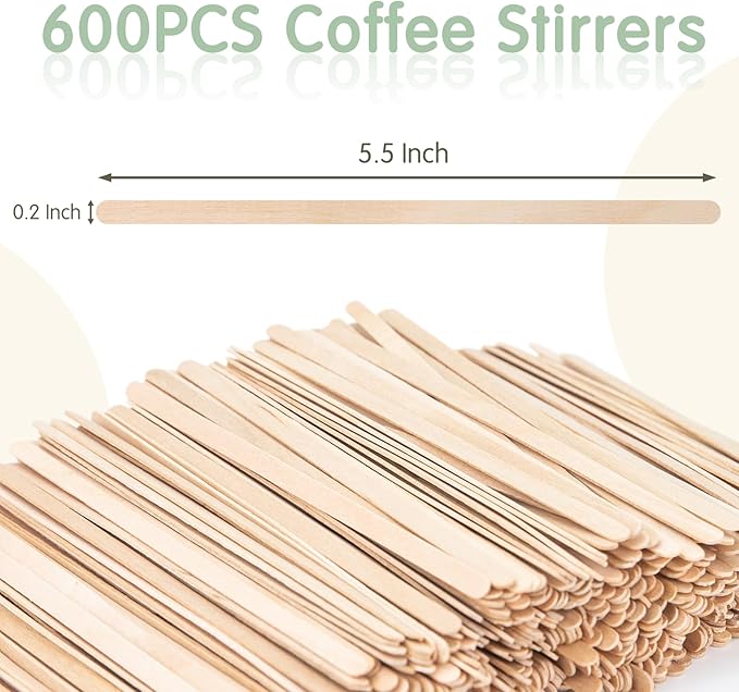 WISYOK 600 PCS Coffee Stirrers, 5.5 Inch Premium Birch Wood Sticks, Smooth Round Ends, Splinter-Free Disposable Stir Sticks for Coffee, Cocktails, Office, Home, Coffee Bars