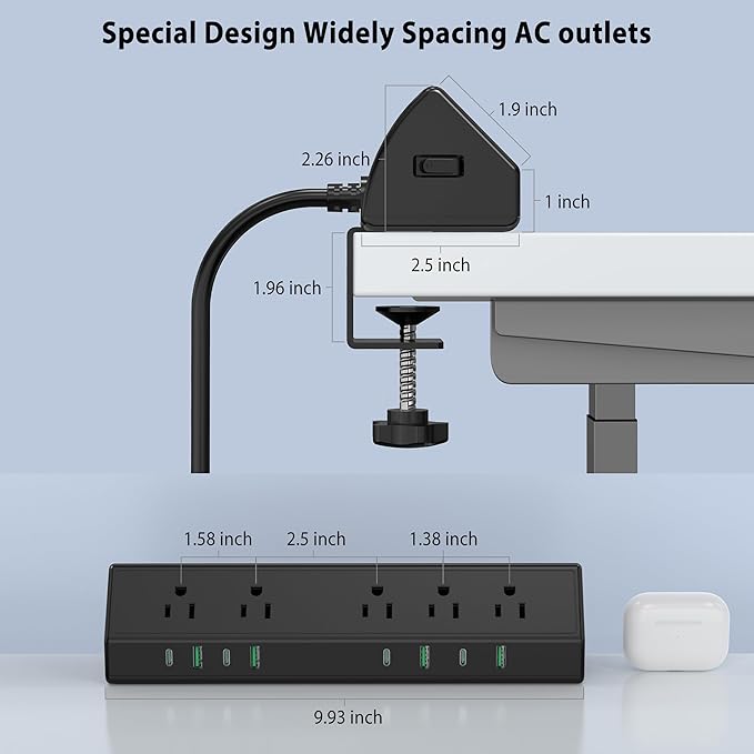 45W Fast Charging Station,Desk Clamp Power Strip,4 PD USB-C Ports,5 AC Outlets,Surge Protector Power Strip, 14AWG Heavy Duty Cord, Fits 1.9" Tabletop Edge (Black, 15 FT Cable)