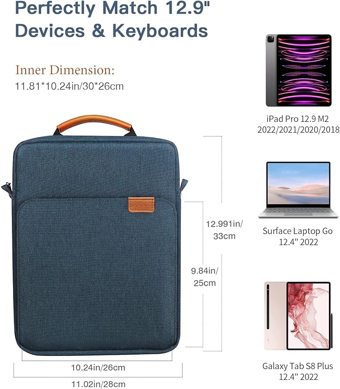 MoKo 12.9 Inch Tablet Sleeve Bag, Fits with 13 Inch New iPad Pro M4 & Air M2 2024,iPad Pro 12.9 M2&M1,Surface Laptop Go 12.4,Galaxy Tab S8+/S9+ 12.4,Handle Carrying Case with Shoulder Strap, Indigo