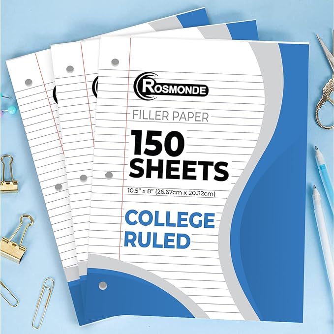 Rosmonde 6 Pack Loose Leaf Paper, 900 Sheets, College Ruled, 8" x 10.5", 56 gsm Bulk Office Filler Paper, 150 Sheets/Pack, 3 Hole Punched, College Ruled Paper for 3 Ring Binder, Notebook Paper, White